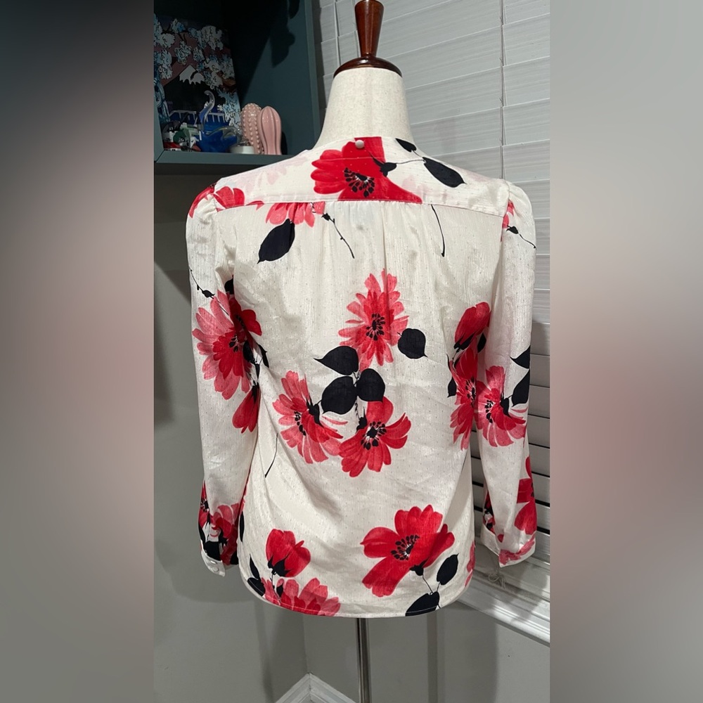 Vintage Pykettes Top White Floral Rose Print Button Front Collared Long Sleeve - Picture 3 of 6